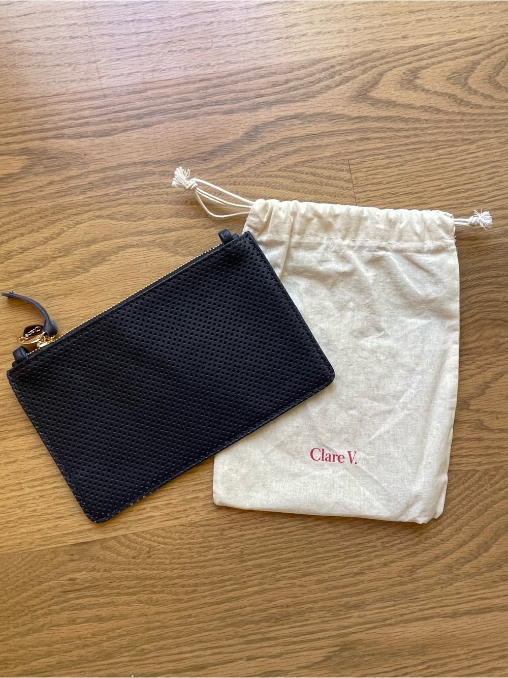 Clare V Margot Clutch Navy Perforated Leather Flat Clutch w Tabs w Gold Hardware
